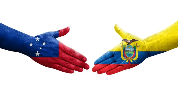 Handslag Mellan Ecuador Och Samoa Flaggor Målade Händer Isolerad Transparent — Stockfoto