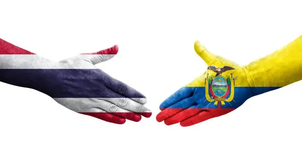 Handslag Mellan Ecuador Och Thailand Flaggor Målade Händer Isolerad Transparent — Stockfoto
