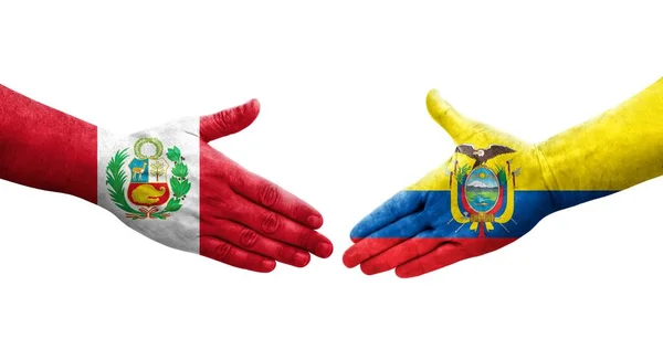 Χειραψία Μεταξύ Εκουαδόρ Και Περού Σημαίες Ζωγραφισμένα Στα Χέρια Απομονωμένη — Φωτογραφία Αρχείου