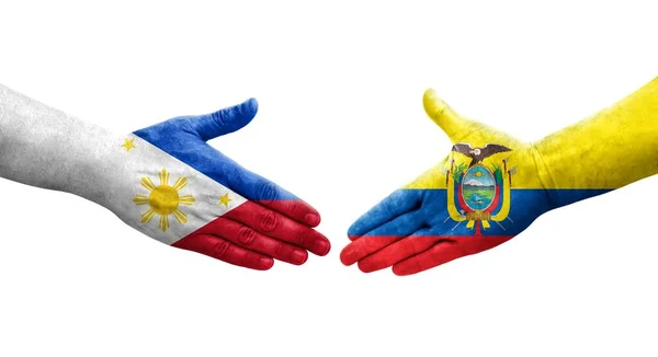 Potřesení Rukou Mezi Ekvádorem Filipínskými Vlajkami Namalovanými Rukou Izolovaný Průhledný — Stock fotografie