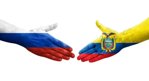 Handslag Mellan Ecuador Och Ryssland Flaggor Målade Händer Isolerad Transparent — Stockfoto