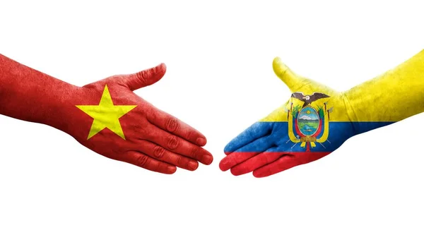 Χειραψία Μεταξύ Εκουαδόρ Και Βιετνάμ Σημαίες Ζωγραφισμένα Στα Χέρια Απομονωμένη — Φωτογραφία Αρχείου
