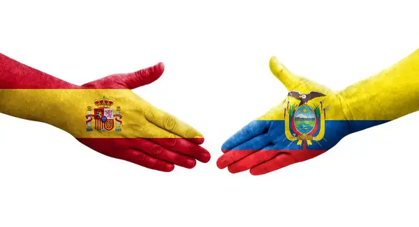 Handslag Mellan Ecuador Och Spanien Flaggor Målade Händer Isolerad Transparent — Stockfoto