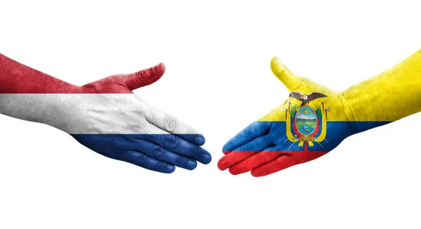 stock image Handshake between Ecuador and Netherlands flags painted on hands, isolated transparent image.