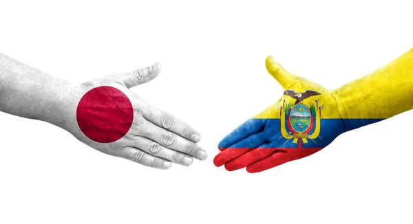 Saludo Entre Banderas Ecuador Japón Pintadas Las Manos Imagen Transparente — Foto de Stock