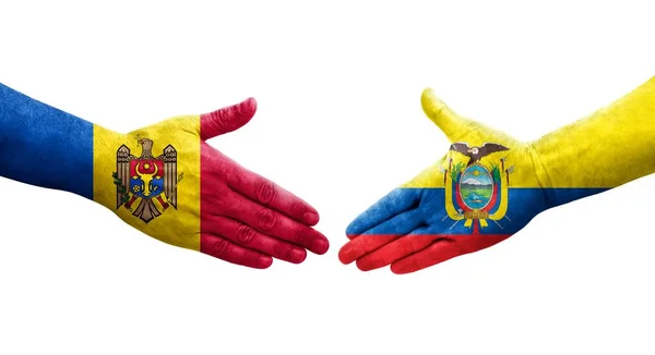 Handshake Ecuador Moldova Flags Painted Hands Isolated Transparent Image — Stock Photo, Image