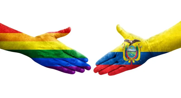 Handslag Mellan Ecuador Och Hbt Flaggor Målade Händer Isolerad Transparent — Stockfoto