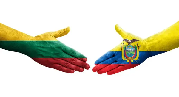 Stock image Handshake between Ecuador and Lithuania flags painted on hands, isolated transparent image.