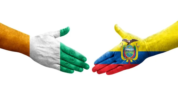 Apretón Manos Entre Ecuador Costa Marfil Banderas Pintadas Las Manos —  Fotos de Stock