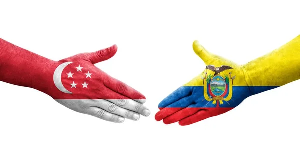 Saludo Entre Banderas Ecuador Singapur Pintadas Las Manos Imagen Transparente — Foto de Stock