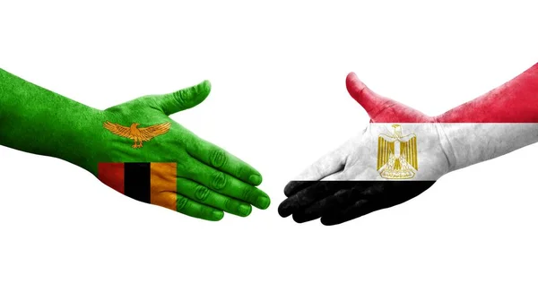 Poignée Main Entre Egypte Zambie Drapeaux Peints Sur Les Mains — Photo