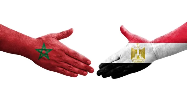 Potřesení Rukou Mezi Egyptskými Marockými Vlajkami Namalovanými Rukou Izolovaný Průhledný — Stock fotografie