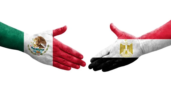 Рукостискання Між Єгипетським Мексиканським Прапорами Намальоване Руках Ізольоване Прозоре Зображення — стокове фото