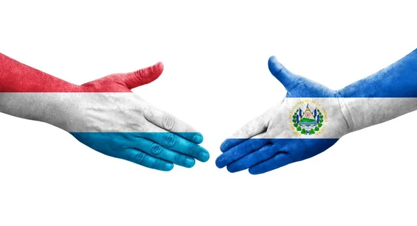 Χειραψία Μεταξύ Σαλβαδόρ Και Λουξεμβούργο Σημαίες Ζωγραφισμένα Στα Χέρια Απομονωμένη — Φωτογραφία Αρχείου