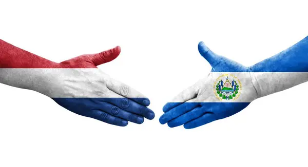 Рукостискання Між Сальвадором Нідерландами Намальоване Руках Ізольоване Прозоре Зображення — стокове фото
