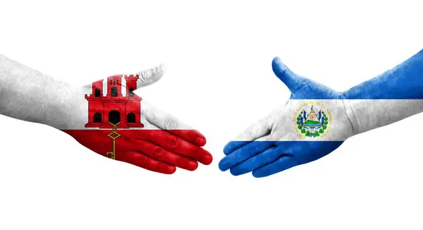 Рукостискання Між Сальвадором Гібралтарськими Прапорами Намальоване Руках Ізольоване Прозоре Зображення — стокове фото