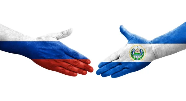 Aperto Mão Entre Salvador Rússia Bandeiras Pintadas Mãos Imagem Transparente — Fotografia de Stock