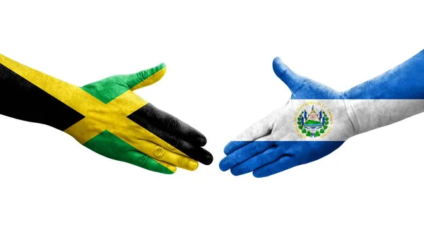 Saludo Entre Banderas Salvador Jamaica Pintadas Las Manos Imagen Transparente —  Fotos de Stock