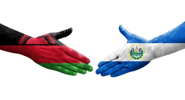 Χειραψία Μεταξύ Σαλβαδόρ Και Μαλάουι Σημαίες Ζωγραφισμένα Στα Χέρια Απομονωμένη — Φωτογραφία Αρχείου