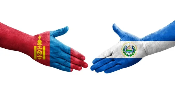 Χειραψία Μεταξύ Σαλβαδόρ Και Μογγολία Σημαίες Ζωγραφισμένα Στα Χέρια Απομονωμένη — Φωτογραφία Αρχείου