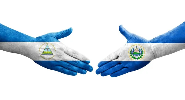 Aperto Mão Entre Salvador Nicarágua Bandeiras Pintadas Mãos Imagem Transparente — Fotografia de Stock