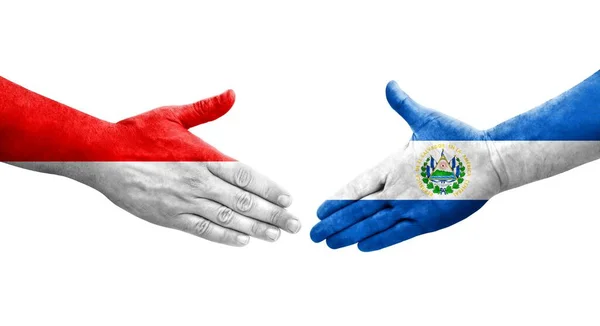 Handshake Entre Salvador Indonésia Bandeiras Pintadas Mãos Imagem Transparente Isolada — Fotografia de Stock