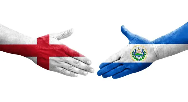 萨尔瓦多和英格兰之间握手 手绘国旗 孤立透明的图像 — 图库照片