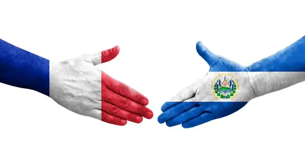 萨尔瓦多和法国之间的握手手绘国旗 孤立透明的图像 — 图库照片