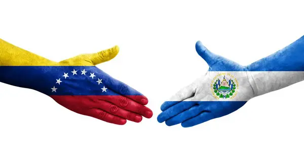 Mano Apretada Entre Salvador Venezuela Banderas Pintadas Las Manos Imagen —  Fotos de Stock