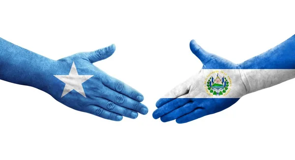 Aperto Mão Entre Salvador Bandeiras Somália Pintadas Mãos Imagem Transparente — Fotografia de Stock