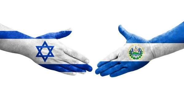 Uścisk Dłoni Między Salwadorem Izraelskimi Flagami Namalowanymi Rękach Odizolowany Przezroczysty — Zdjęcie stockowe