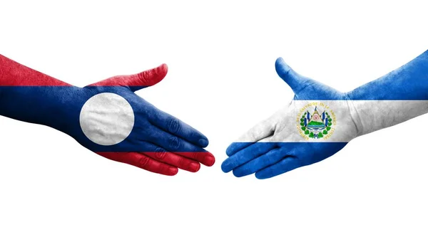萨尔瓦多和老挝国旗之间的握手 孤立透明的图像 — 图库照片