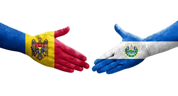 Рукостискання Між Сальвадором Молдовою Прапори Намальовані Руках Ізольований Прозорий Образ — стокове фото