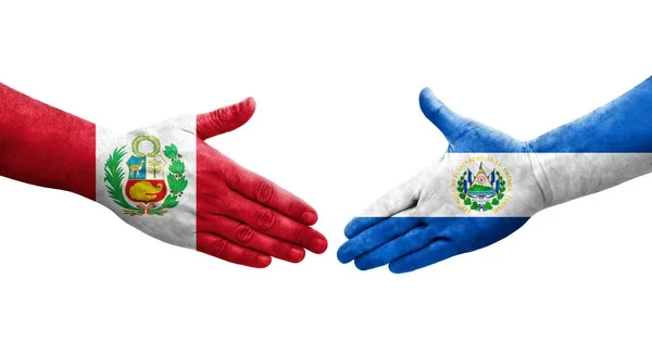 Händedruck Zwischen Den Flaggen Salvadors Und Perus Auf Hände Gemalt — Stockfoto