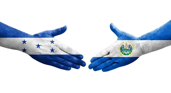 Aperto Mão Entre Salvador Honduras Bandeiras Pintadas Mãos Imagem Transparente — Fotografia de Stock
