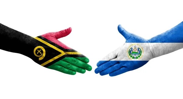Handslag Mellan Salvador Och Vanuatu Flaggor Målade Händer Isolerad Transparent — Stockfoto