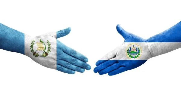 Mano Apretada Entre Salvador Guatemala Banderas Pintadas Las Manos Imagen — Foto de Stock