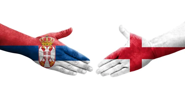 Χειραψία Μεταξύ Αγγλίας Και Σερβίας Σημαίες Ζωγραφισμένες Στα Χέρια Απομονωμένη — Φωτογραφία Αρχείου