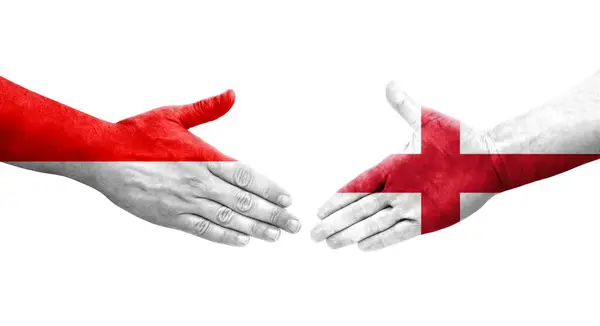 在英格兰和印度尼西亚之间握手 手绘国旗 孤立透明的形象 — 图库照片