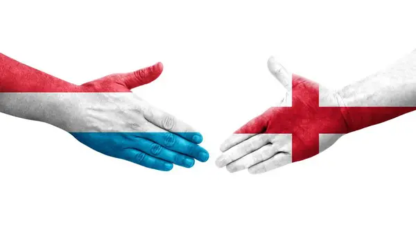 在英格兰和卢森堡之间握手 手绘国旗 孤立透明的形象 — 图库照片