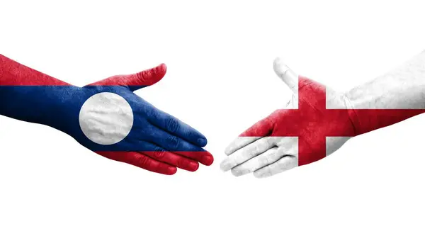 在英格兰和老挝之间握手 手绘国旗 孤立透明的形象 — 图库照片