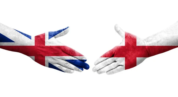 Apretón Manos Entre Inglaterra Gran Bretaña Banderas Pintadas Las Manos — Foto de Stock