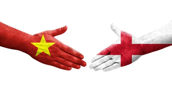 Handslag Mellan England Och Vietnam Flaggor Målade Händer Isolerad Transparent — Stockfoto