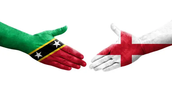Stretta Mano Tra Inghilterra Saint Kitts Bandiere Nevis Dipinte Mani — Foto Stock