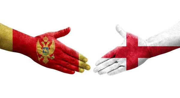 Stretta Mano Tra Inghilterra Montenegro Bandiere Dipinte Mani Isolata Immagine — Foto Stock