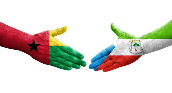 Рукостискання Між Екваторіальною Гвінеєю Гвінеєю Бісау Прапори Намальовані Руках Ізольоване — стокове фото