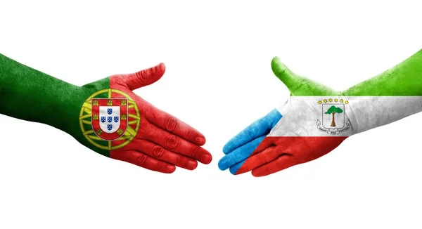 Aperto Mão Entre Guiné Equatorial Bandeiras Portugal Pintadas Mãos Imagem — Fotografia de Stock
