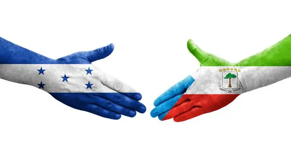 Händedruck Zwischen Äquatorialguinea Und Honduras Flaggen Auf Hände Gemalt Isoliertes — Stockfoto