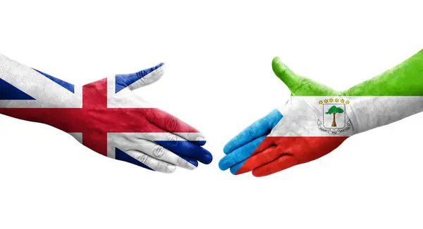 Apretón Manos Entre Guinea Ecuatorial Gran Bretaña Banderas Pintadas Las — Foto de Stock