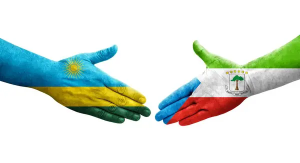 Händedruck Zwischen Äquatorialguinea Und Ruanda Flaggen Auf Händen Gemalt Isoliertes — Stockfoto